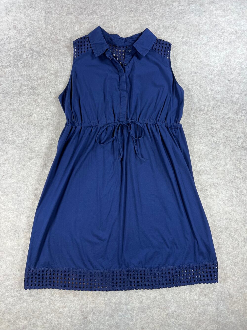 Motherhood Maternity Sleeveless Collared Dress Eyelet Trim Drawstring Waist L